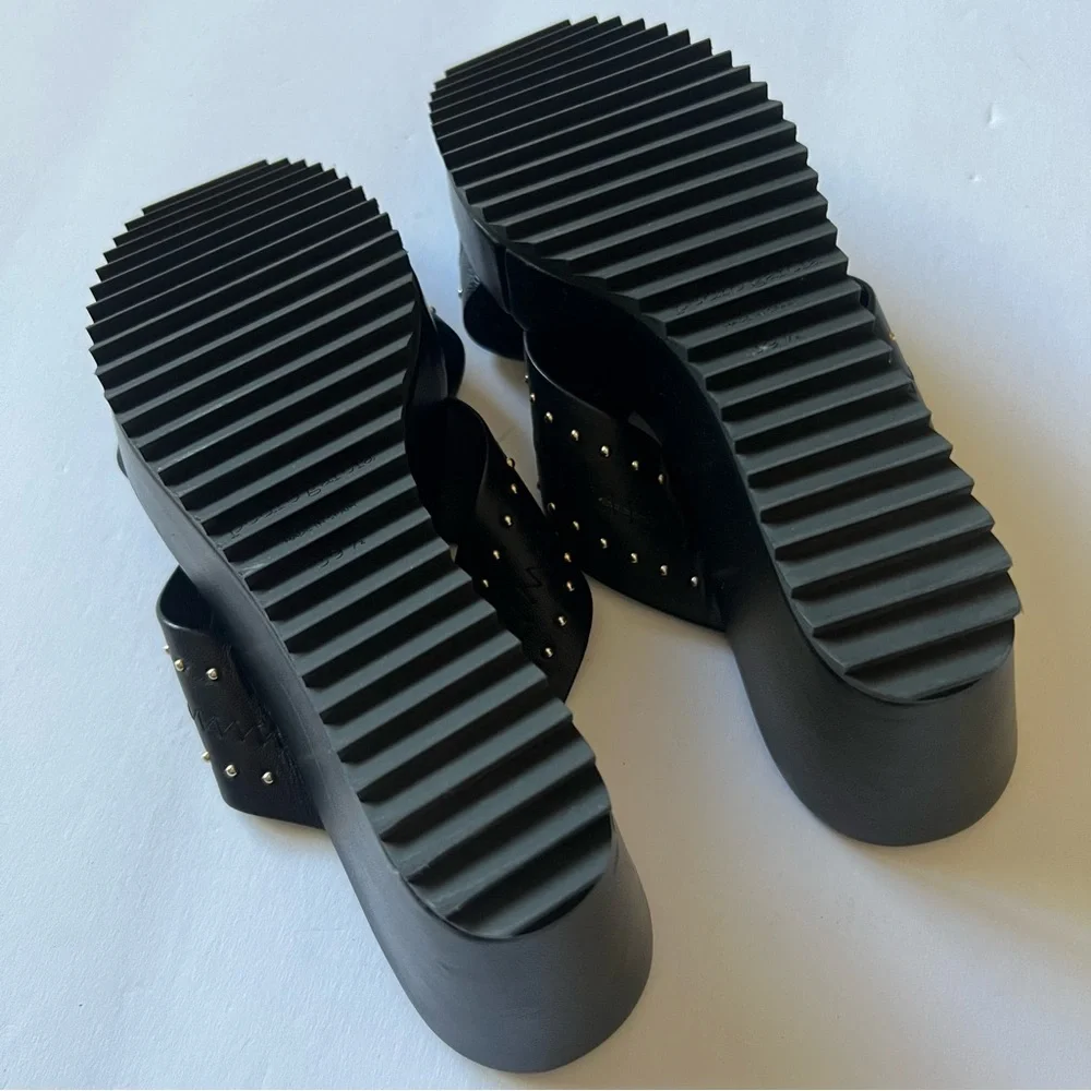 PEDRO GARCIA LEATHER CROSS STRAP PLATFORM WEDGE SANDALS BLACK SIZE 9.5 NWOT
